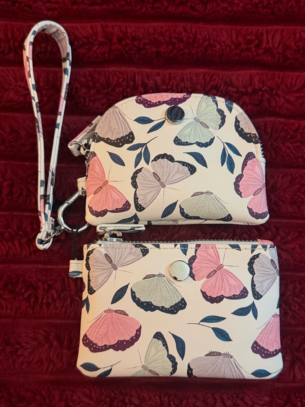 Butterfly Print Wristlet Set - White with Pink & Mint Accents